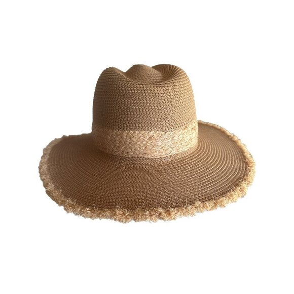 Beige Woven Braided Raffia Sun Hat Fringe Edge One Size Adjustable - Picture 2 of 6